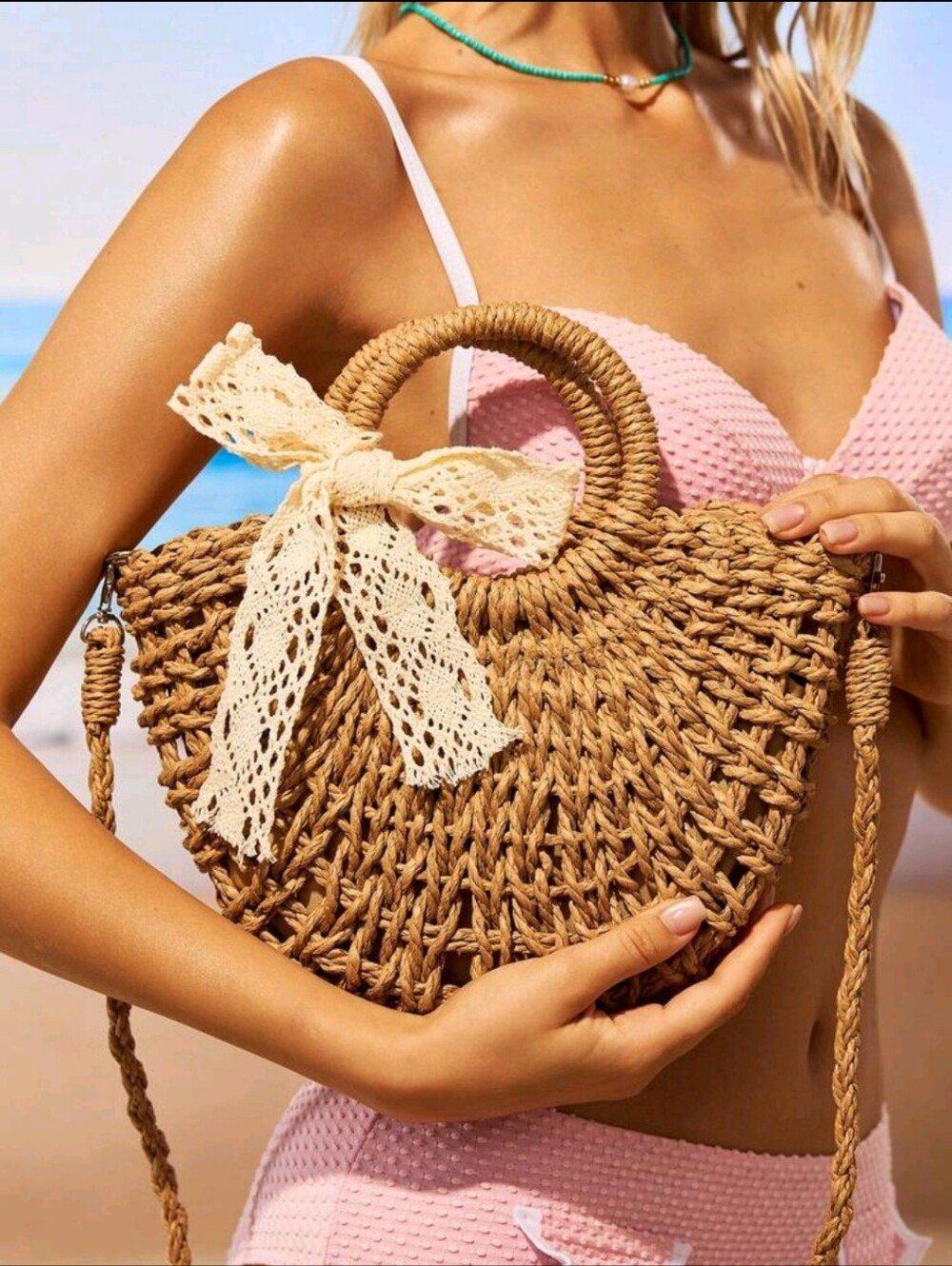 Natural Straw Handled Crossbody with Lace Bow - Picture 3 of 4